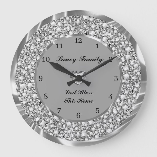 Silver Diamonds Heart Large Clock Stor Klocka (Framsida)