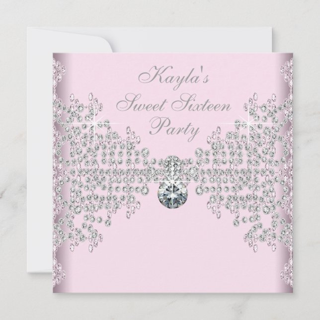 Silver Diamonds Rosa Sweet 16 Födelsedagsfest Inbjudningar (Framsida)