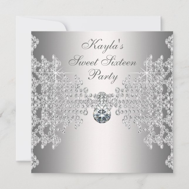 Silver Diamonds White Sweet sixteen Födelsedagsfes Inbjudningar (Framsida)
