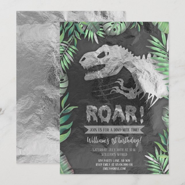Silver Dinosaur Roar Birthday Inbjudningar (Fram/baksida)
