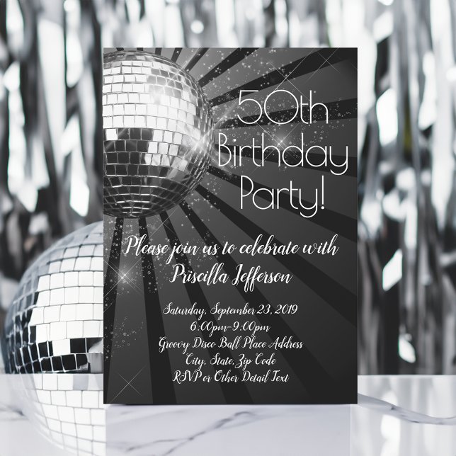 Silver Disco Ball 50th Birthday Party Inbjudningar (Silver disco ball 50th birthday party invitations)
