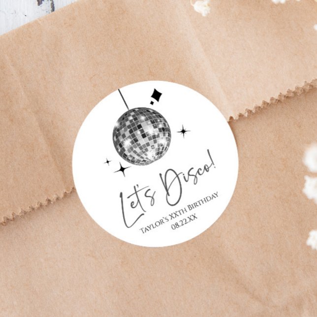 Silver Disco Boll Låt oss Disco Födelsedagsfest Runt Klistermärke (Skapare uppladdad)