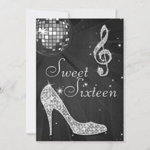 Silver Disco Boll och Gnistra Heels Black Sweet 16 Inbjudningar