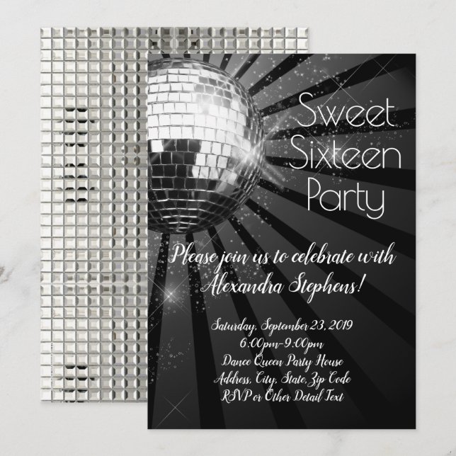 Silver Disco Boll Sweet sixteen 16:e Dance Party Inbjudningar (Fram/baksida)