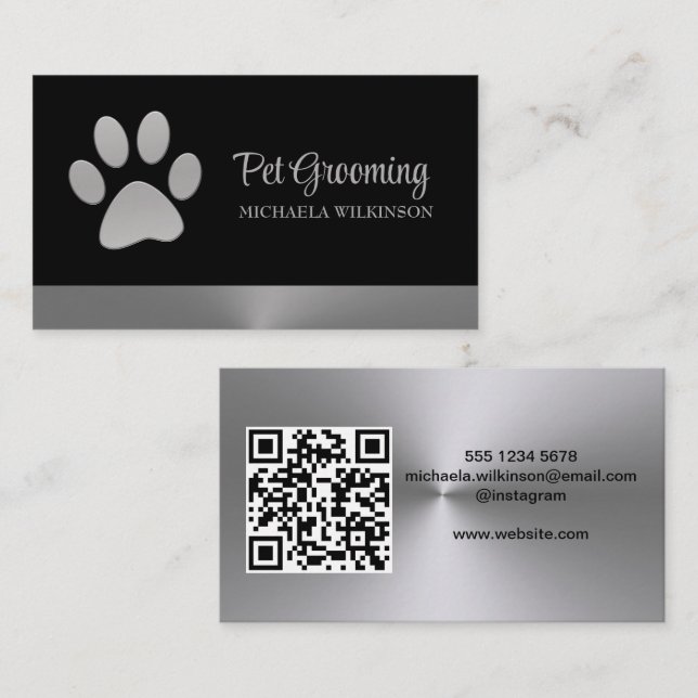 Silver Dog Paw på svart husdjur grooming tjänst Visitkort (Fram/baksida)