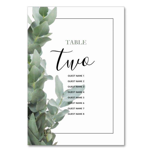 Silver-dollar Eucalyptus Bröllop Guest Namn Bordsnummer (Framsidan)