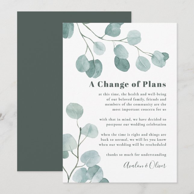 Silver-dollar Eucalyptus Bröllop postponement Inbjudningar (Fram/baksida)