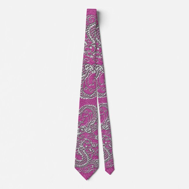 Silver Dragon på Magenta Rosa Leather Struktur Slips (Framsida)