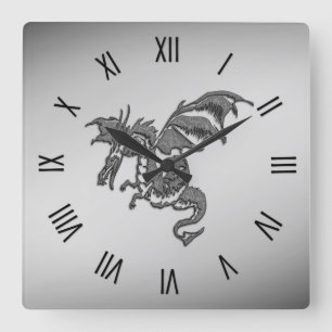 Silver Dragon Roman Numerals Fyrkantig Klocka