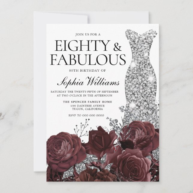 Silver Dress Burgundy Ro 80:e Födelsedagsfesten Inbjudningar (Framsida)