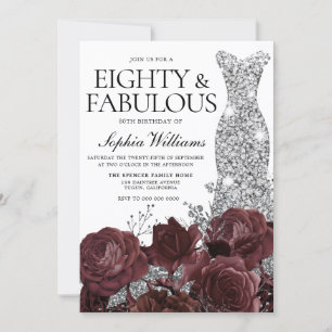 Silver Dress Burgundy Ro 80:e Födelsedagsfesten Inbjudningar