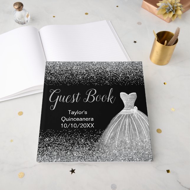 Silver Dress Faux Glitter Quinceanera Gästböcker (Framsidan öppen)