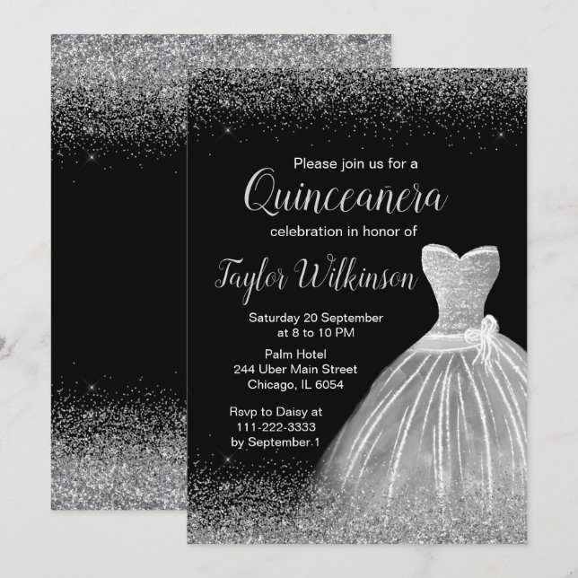 Silver Dress Faux Glitter Quinceanera Inbjudningar (Fram/baksida)