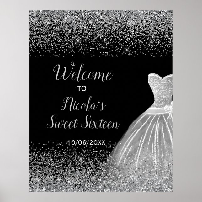 Silver Dress Faux Glitter Sweet 16 Välkommen Poster (Framsidan)