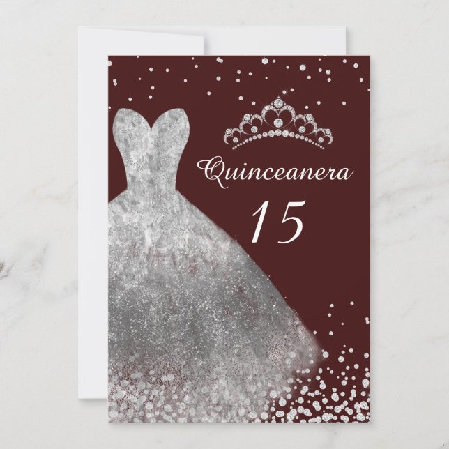 Silver Dress Gown Burgundy Quinceanera Party 15:e Inbjudningar (Framsida)