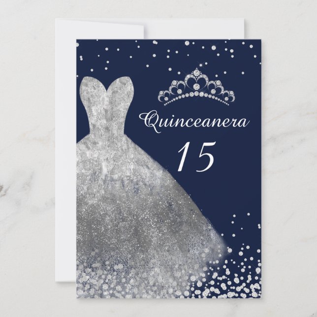 Silver Dress Gown Navy Quinceanera Party 15:e Inbjudningar (Framsida)