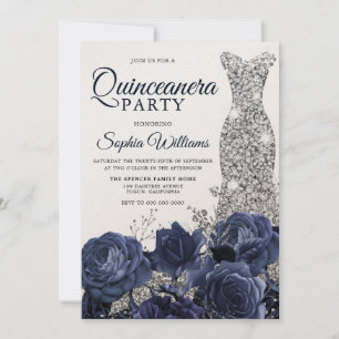 Silver Dress Gown Navy Quinceanera Party Shimmer Inbjudningar