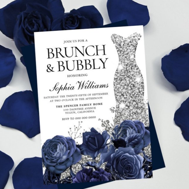 Silver Dress Navy Brunch & Bubly Möhippa Inbjudningar (Skapare uppladdad)