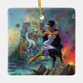 Silver Dress Priestess Occult Mörk Witchy AI Art Julgransprydnad Keramik