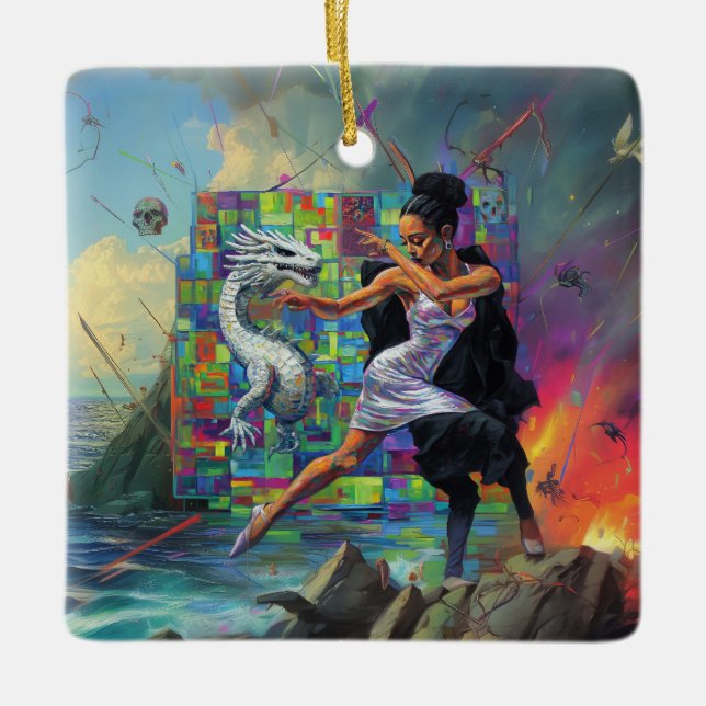 Silver Dress Priestess Occult Mörk Witchy AI Art Julgransprydnad Keramik (Framsida)