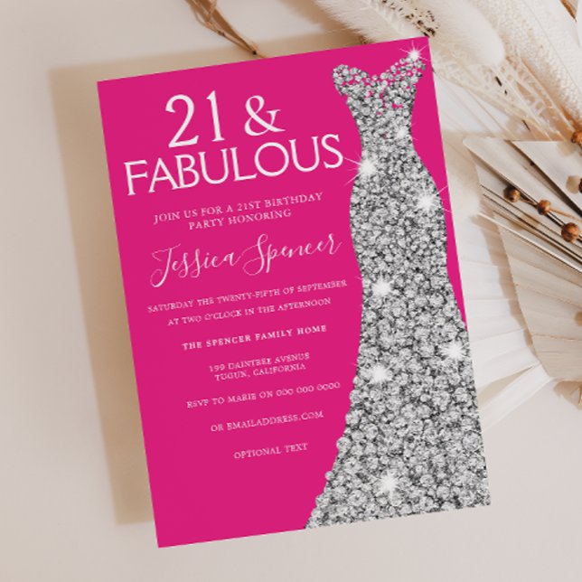 Silver Dress Rosa 21 & Fabulous 21 Birthday Inbjudningar (Skapare uppladdad)
