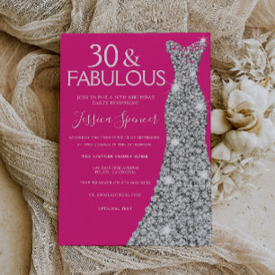 Silver Dress Rosa 30 & Fabulous 30års födelsedag Inbjudningar