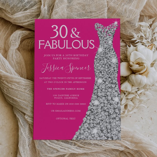 Silver Dress Rosa 30 & Fabulous 30års födelsedag Inbjudningar (Skapare uppladdad)