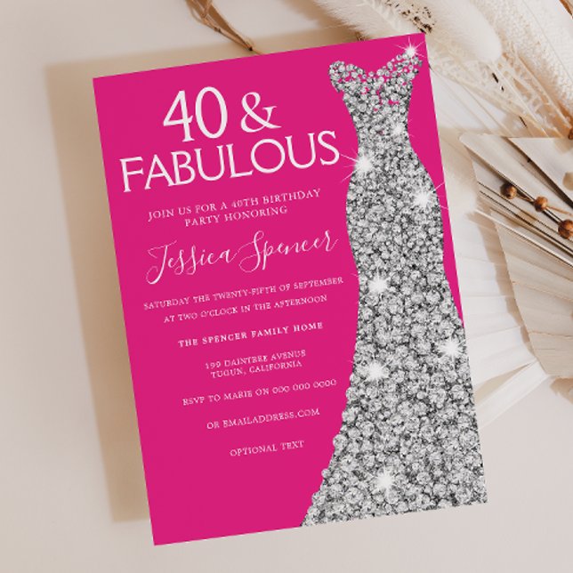 Silver Dress Rosa 40 & Fabulous 40:e födelsedagen Inbjudningar (Skapare uppladdad)