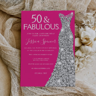 Silver Dress Rosa 50 & Fabulous 50:e födelsedagen Inbjudningar