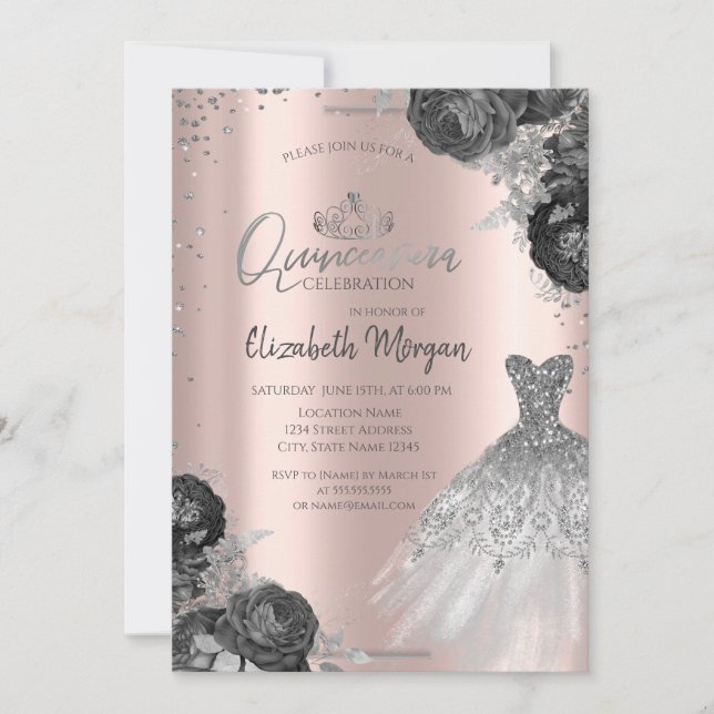 Silver Dress Rosor Diamonds Ro Guld Quinceañera Inbjudningar (Framsida)