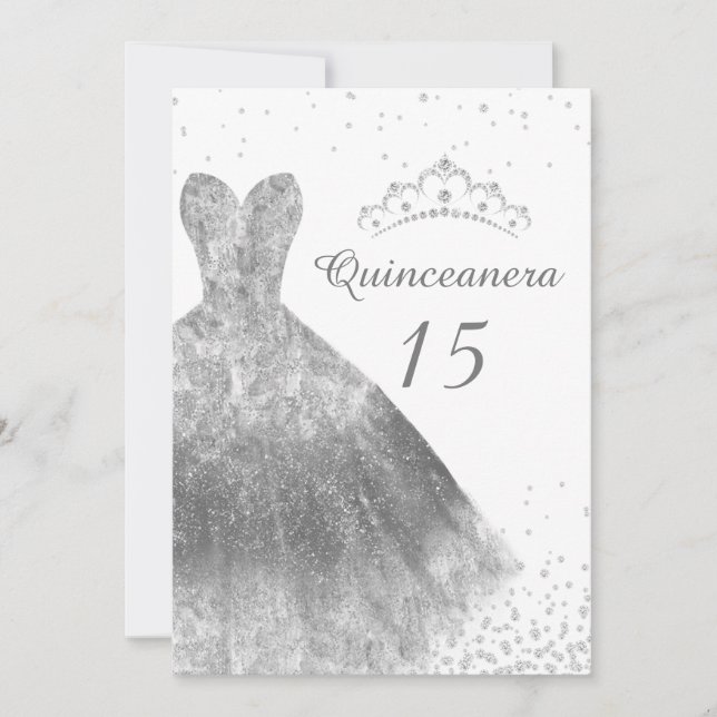 Silver Dress & Tiara Quinceanera 15:e födelsedagen Inbjudningar (Framsida)