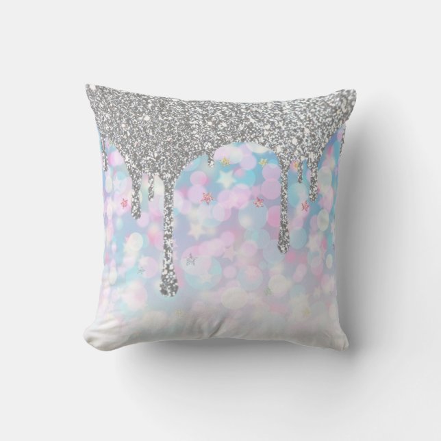 *~* Silver Drift Glitter Pastel Blue Rosa Stars Kudde (Framsida)