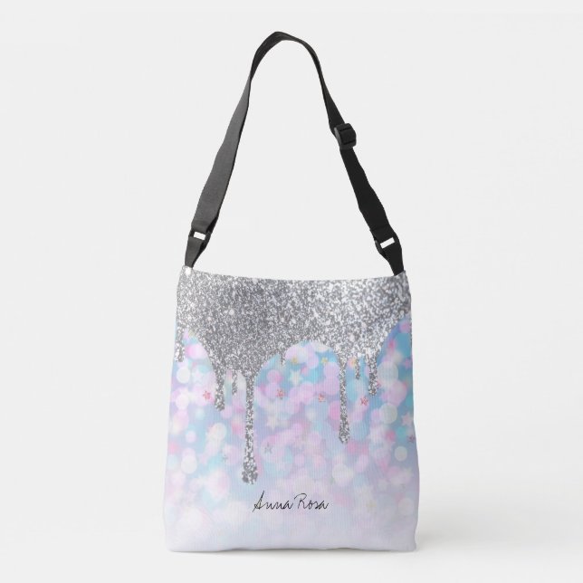 *~* Silver Drift Glitter Pastel Rosa Blue Stars Axelväska (Baksida)