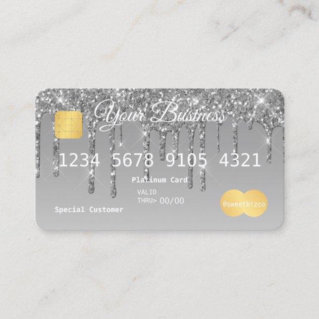 Silver Drip Glitter-look Kredit Card Visitkort (Framsida)