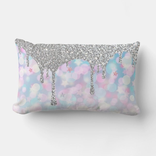 *~* Silver Drip Glitter - Pastel Blue Rosa Stars  Lumbarkudde (Framsida)