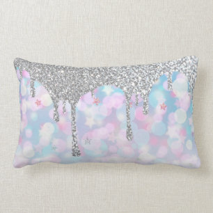 *~* Silver Drip Glitter - Pastel Blue Rosa Stars Lumbarkudde