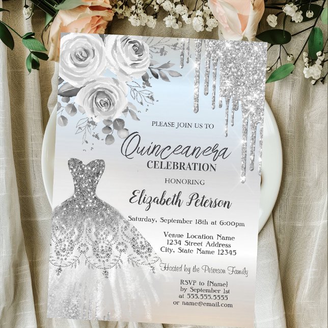 Silver Drips,Dress Roses Silver Quinceanera   Inbjudningar (Skapare uppladdad)