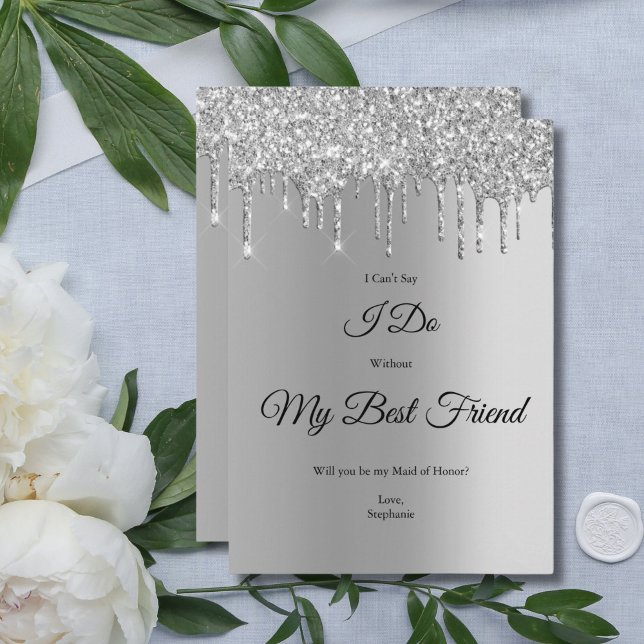 Silver Droppande Glitter Bröllopsförslagskort Inbjudningar (Silver Dripping Glitter Bridesmaid Proposal Card Maid of Honor. Printed or Digital)