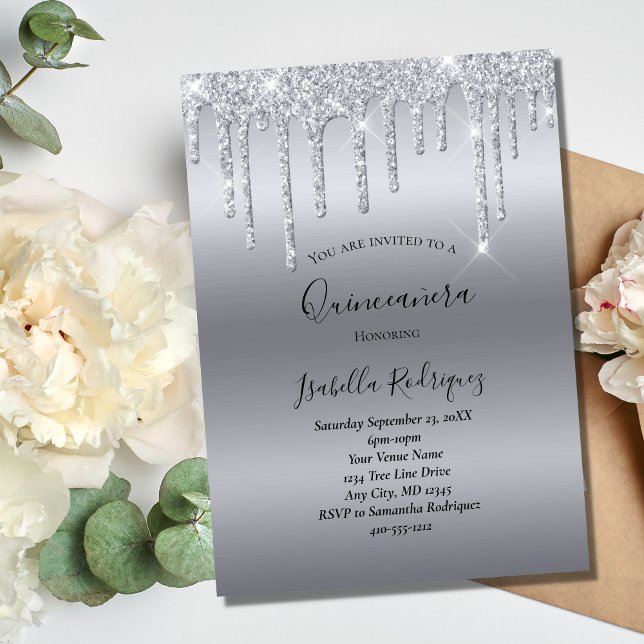 Silver Droppande Glitter Glam Quinceanera Födelsed Inbjudningar (Skapare uppladdad)