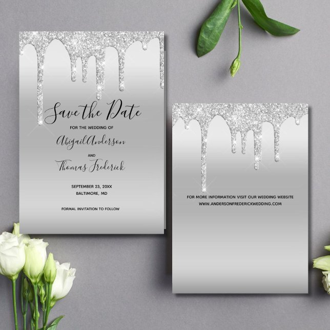 Silver Droppande Glitter Glamourös Trendig Elegant Spara Datumet (Elegant Silver Dripping Glitter Wedding Save the date card)