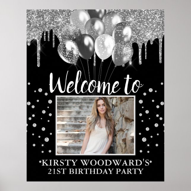 Silver Droppande Glitter med Ballonger Födelsedag Poster (Framsidan)