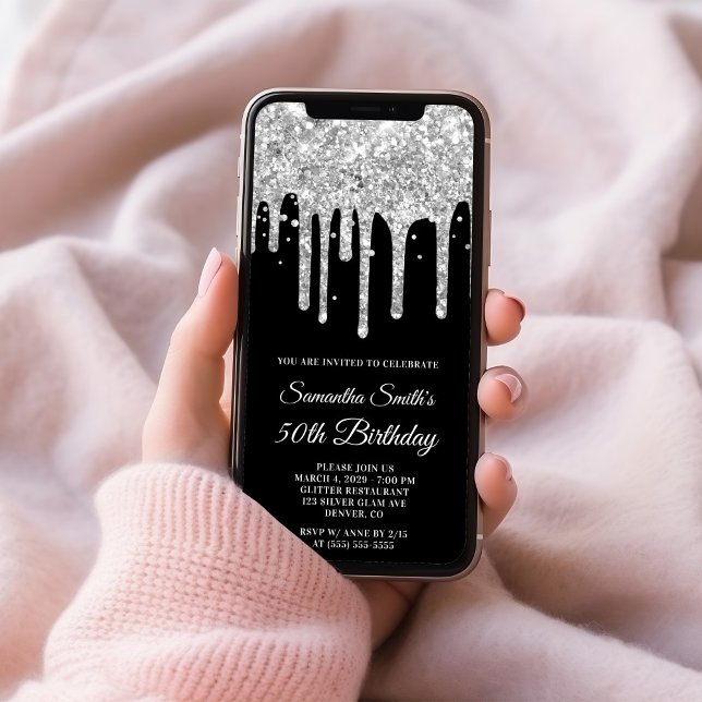 Silver Droppande Glitter Svart 50-årsdag Inbjudningar (Silver Dripping Glitter Black 50th Birthday Invitation)