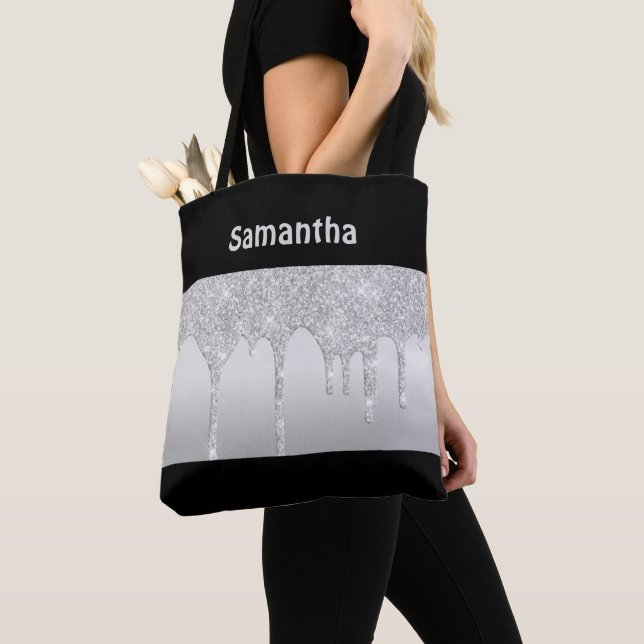Silver Droppande Glitter Svart Monogram Trendigt Tygkasse (Närbild)