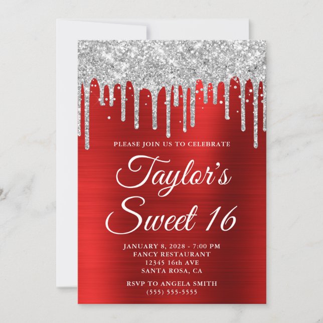 Silver-dropparmatur, Glitter Red Foil Sweet 16 Inbjudningar (Framsida)