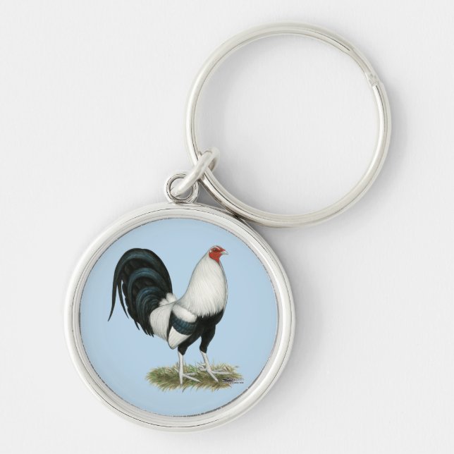 Silver Duckwing Gamecock Rund Silverfärgad Nyckelring (Framsidan)