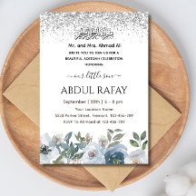Silver Dusty Blue Blommigt Islamic Aqiqa Aqeeqa