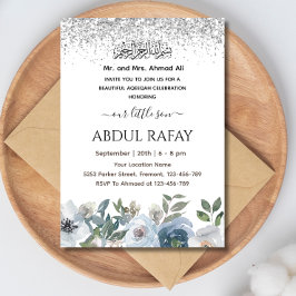 Silver Dusty Blue Blommigt Islamic Aqiqa Aqeeqa Inbjudningar