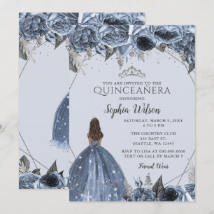 Silver Dusty Blue Blommigt Princess Quinceañera Inbjudningar