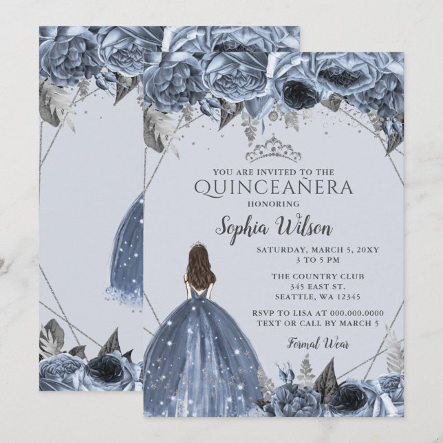 Silver Dusty Blue Blommigt Princess Quinceañera Inbjudningar (Fram/baksida)