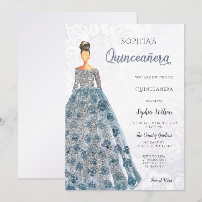 Silver Dusty Blue Gnistra Dress Quinceanera Inbjudningar (Fram/baksida)